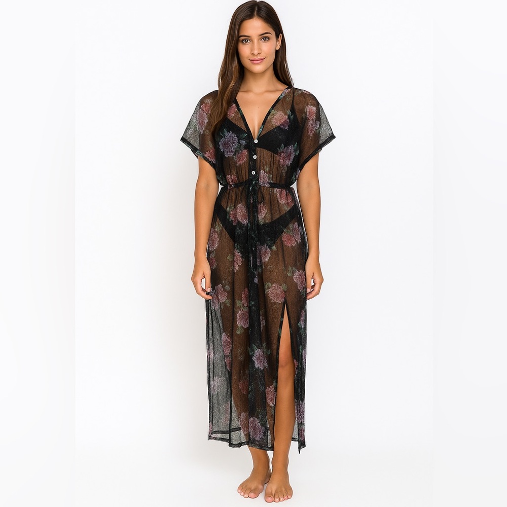 Haute Project Women's XL Kimono Swim Cover Up Floral Sheer Mesh Elastic Waist